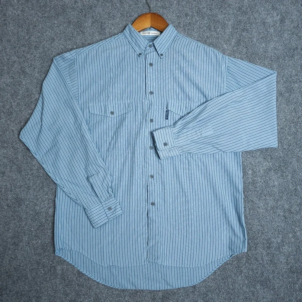 Vintage Levis Silver Label Shirt Mens Medium M Blue Grey Striped Button Down 90s